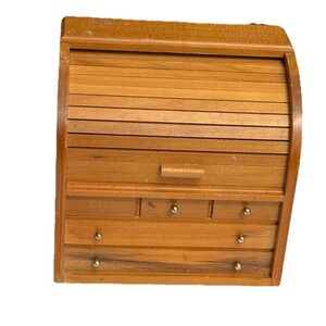 Vintage Wooden Roll Top Desk Recipe Card Box Taiwan MCM Farmhouse Decor Kitchen